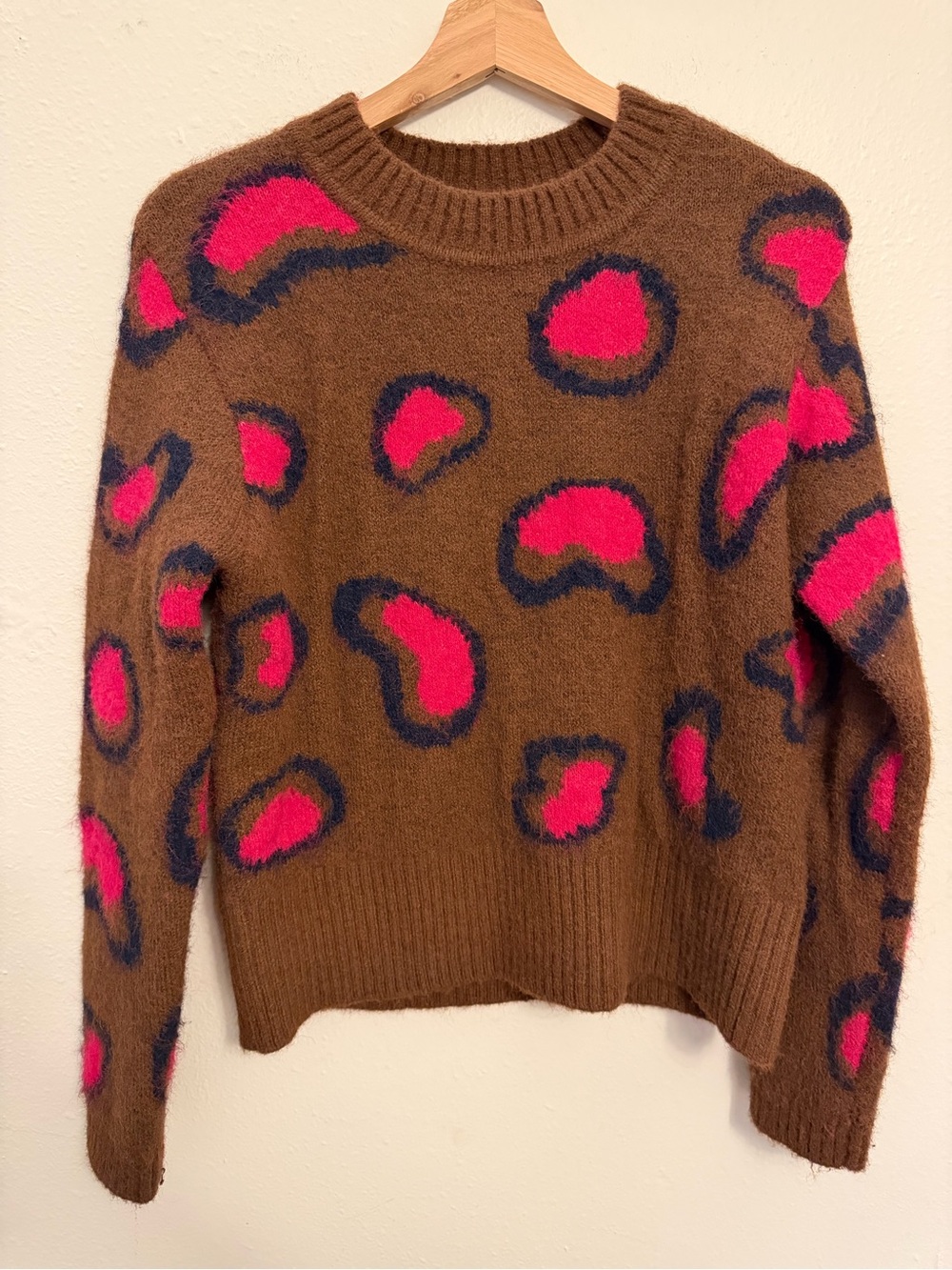 Brown Crewneck Sweater with Pink Leopard Spots